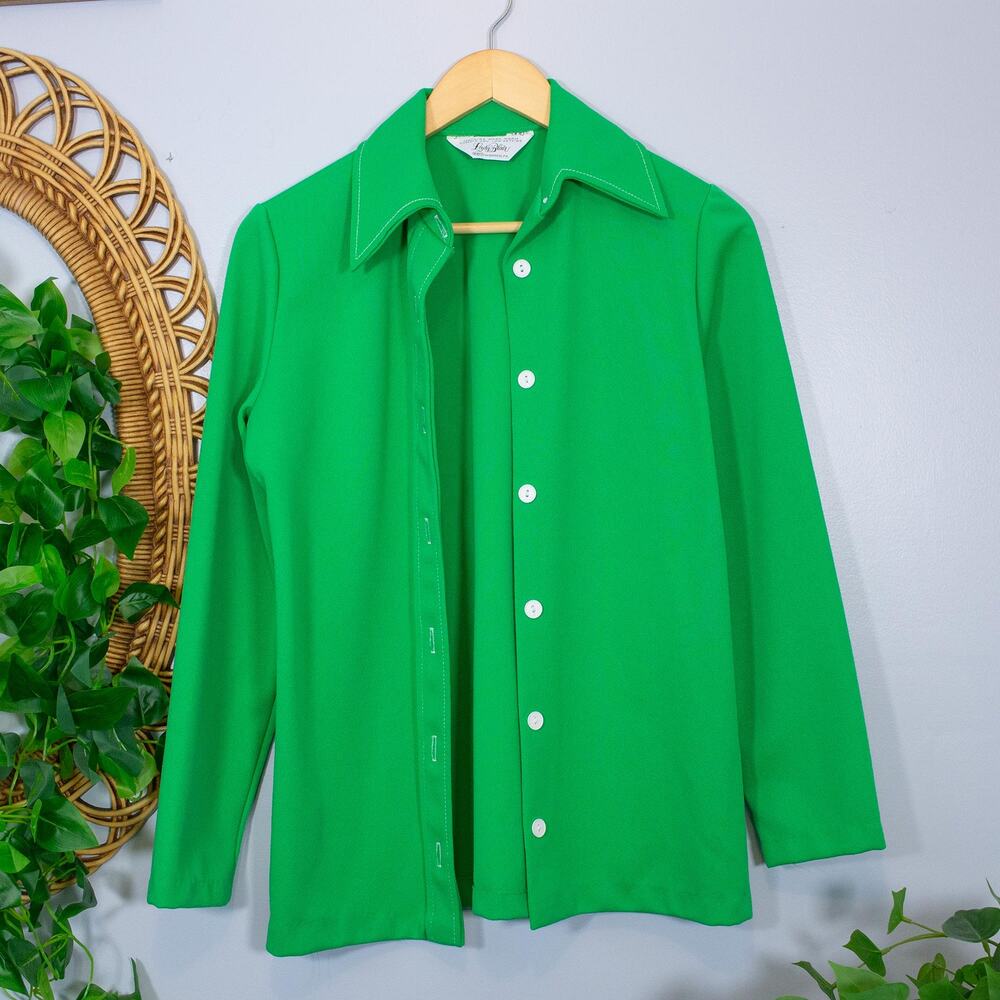 Bright Green Button Down Blouse Retro Classic Sta… - image 6